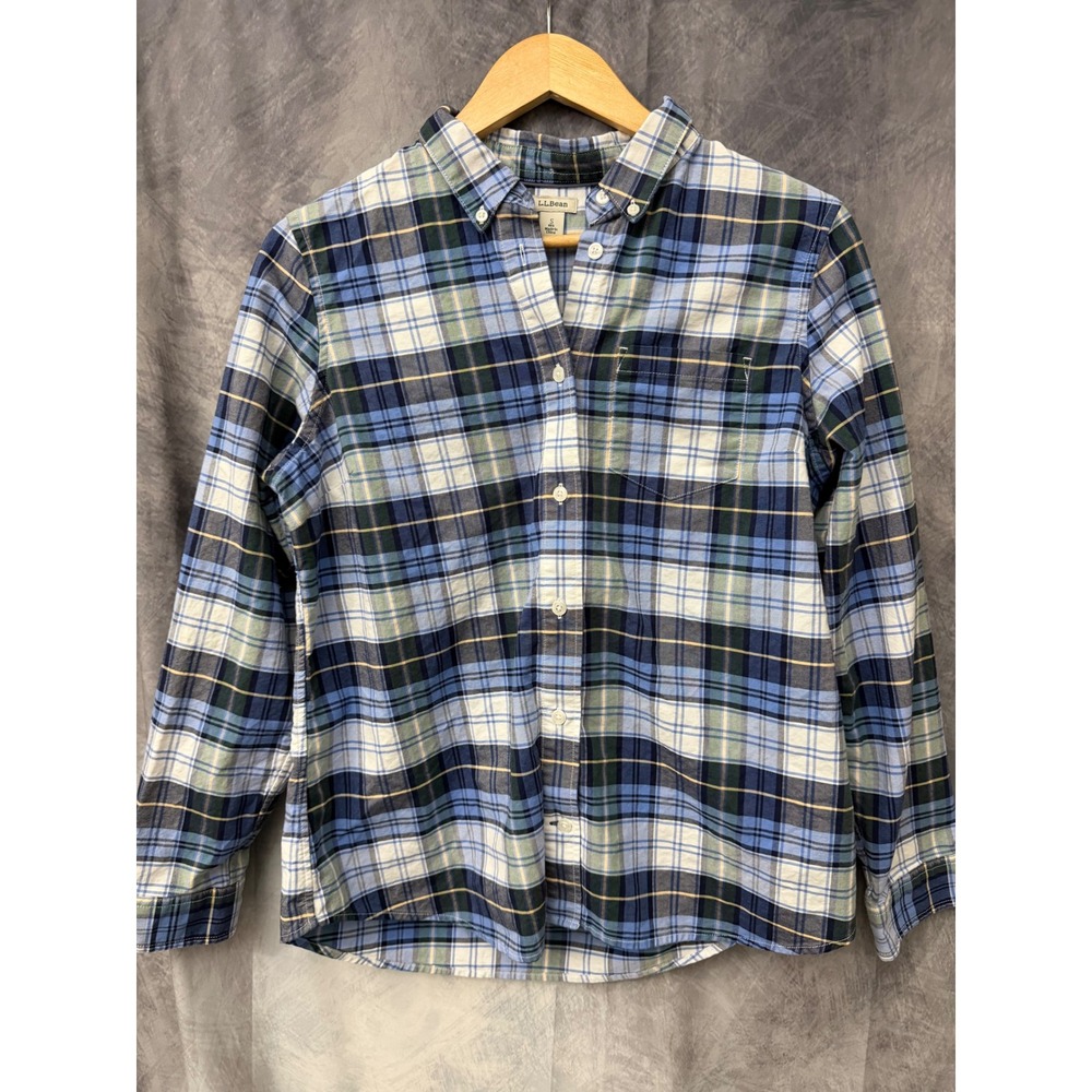 LL Bean Womens Organic Cotton Plaid Button Down Shirt Blue Green Small 505506
